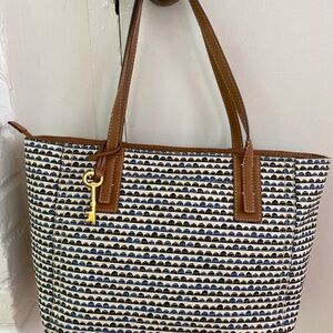 Fossil Emma Coated Canvas Shoulder Tote Bag Blue Black White Print